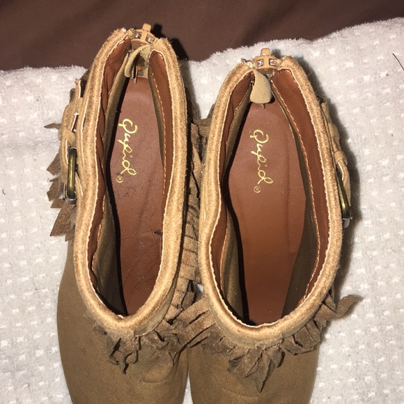 Tan Suede Fringe Wedge Booties - Picture 8 of 8